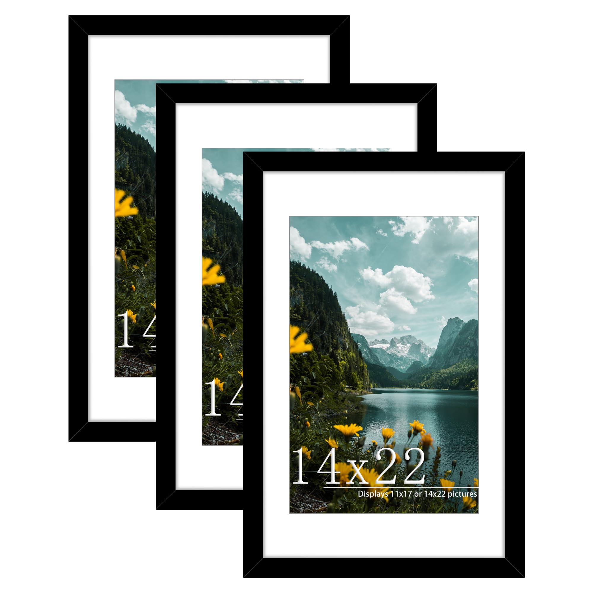 picrit 14x22 picture frame 3 pack, black poster frame, display poster 11 x 17 with mat or 14 x 22 wi