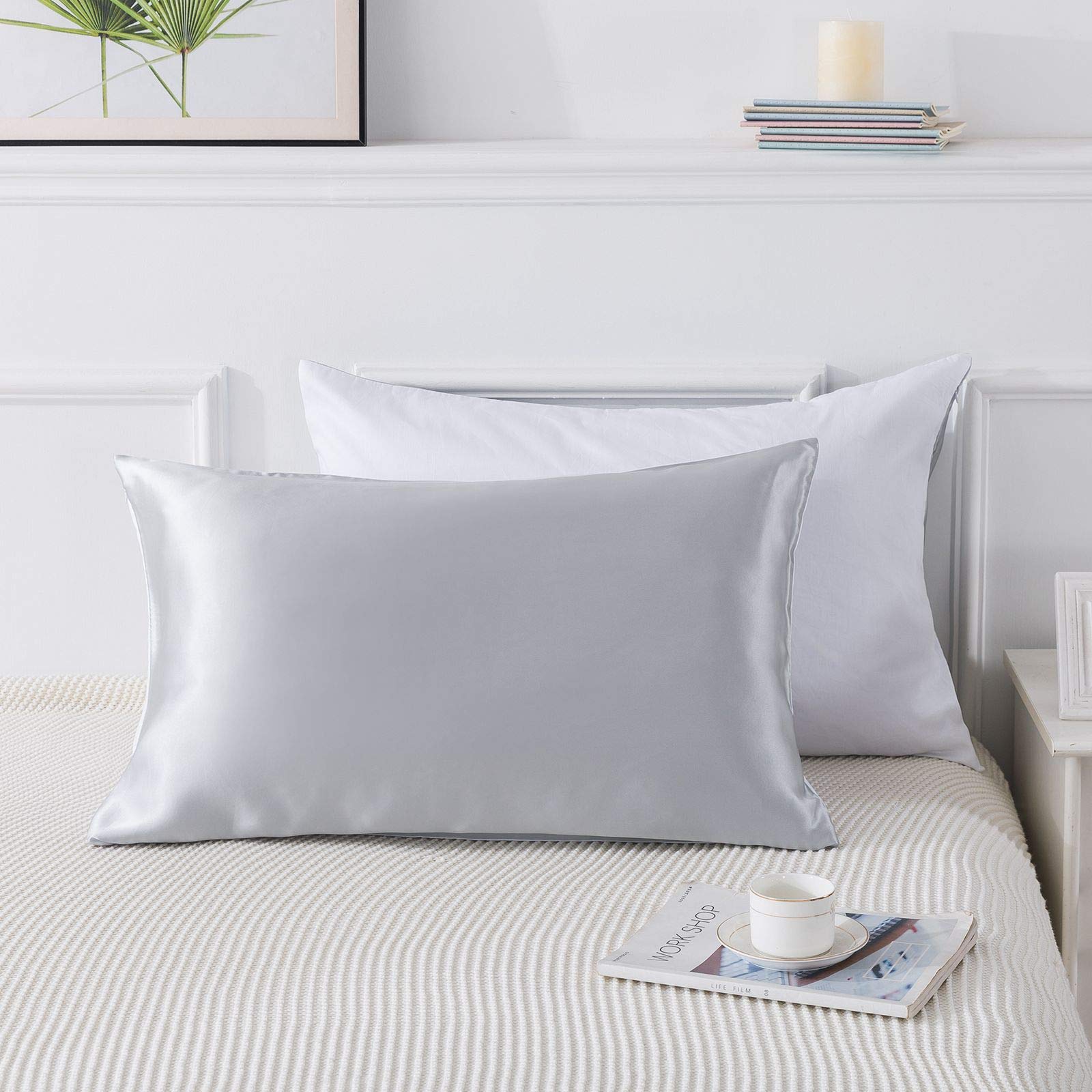 Ethlomoer Silk Pillowcase for Hair and Skin with Cotton Underside, Hypoallergenic for Curly Hair with Hidden Zipper, 1 pc, Light Grey 50 x 75 cm
