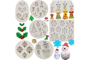 Sijiangmold Christmas Silicone Molds Christmas Tree Snowflake Bells Gift Box Snowman Holly Leaves Silicone Molds For Xmas New Year Party Cake Decorating Chocolate Gum Paste Polymer Clay Set Of 7