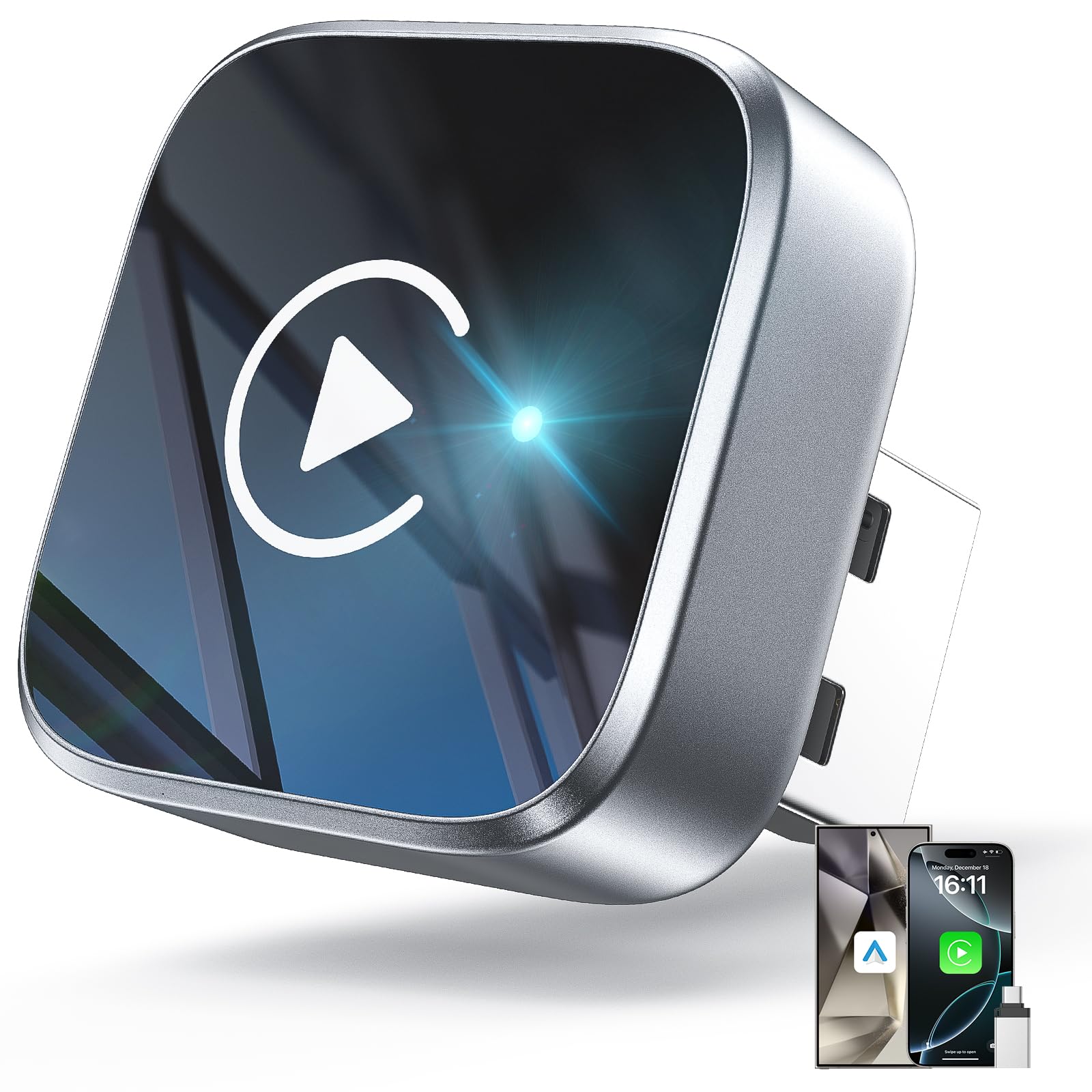 Photo 1 of 2-in-1 Wireless CarPlay Adapter Support Apple CarPlay & Android Auto, Mini Bluetooth USB A & USB C Dongle Convert Wired to Wireless Compatible with iPhone & Android