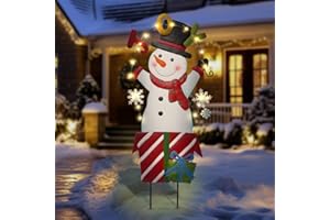 BRIGHTDECK Christmas Outdoor Yard Signs Decorations, LED Solar Metal Garden Stake Lights with Joy for Patio Lawn Christmas Decor (Snowman)