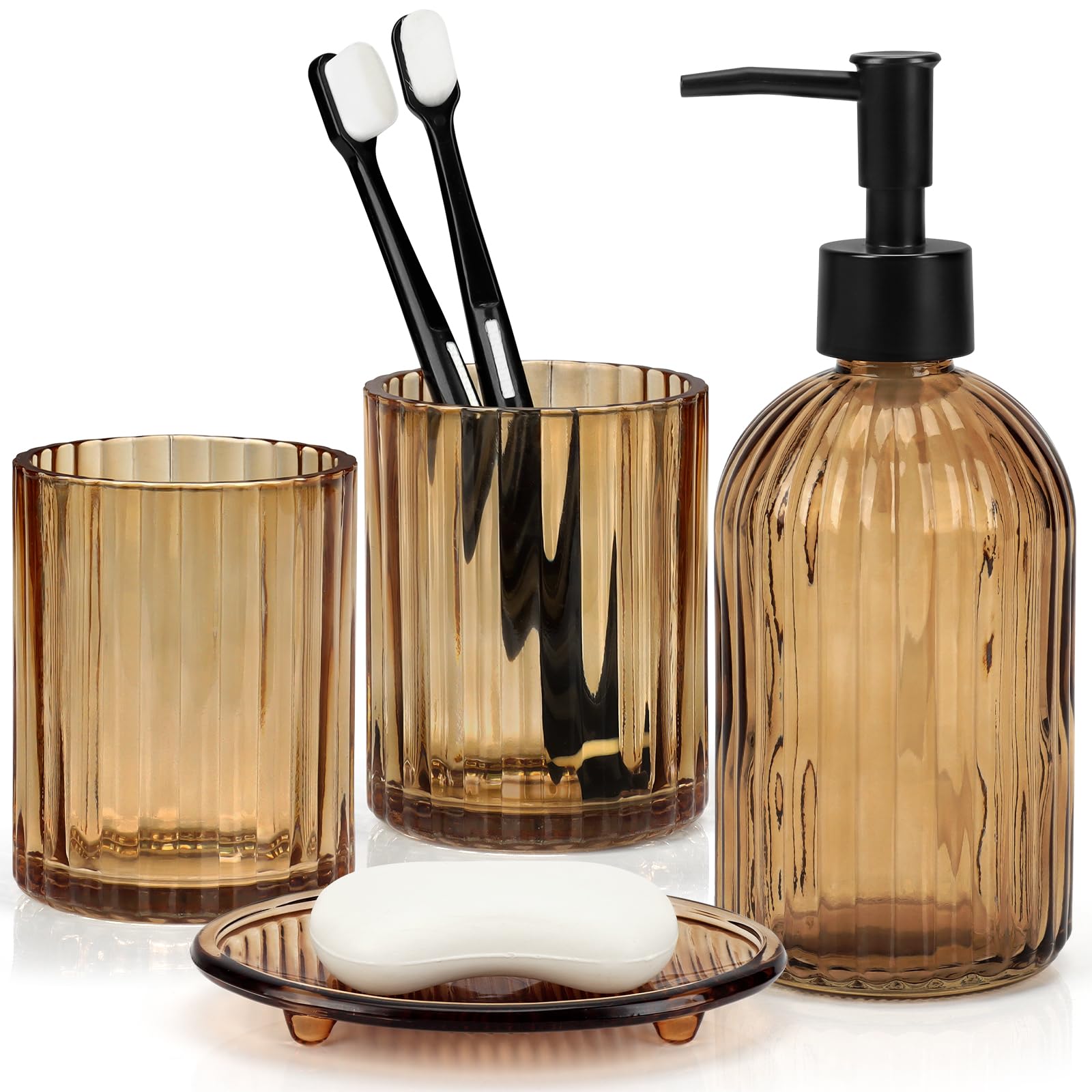 Photo 1 of Ulable 4Pcs Glass Bathroom Accessories Set Complete Lotion Soap Dispenser, Toothbrush Holder, Mouthwash Cup, Soap Dish for Contemporary Modern Decor Crystal Vintage Gift (Amber)