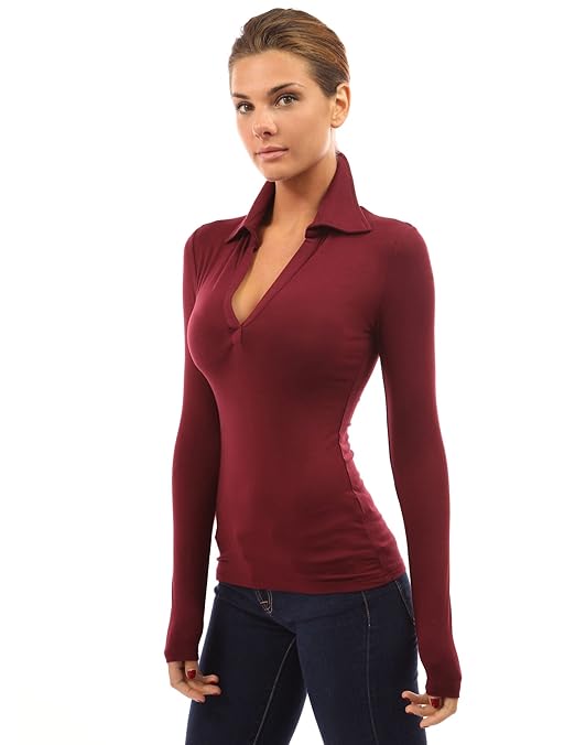 PattyBoutik Damen-Polohemd mit V-Ausschnitt und langen Ärmeln