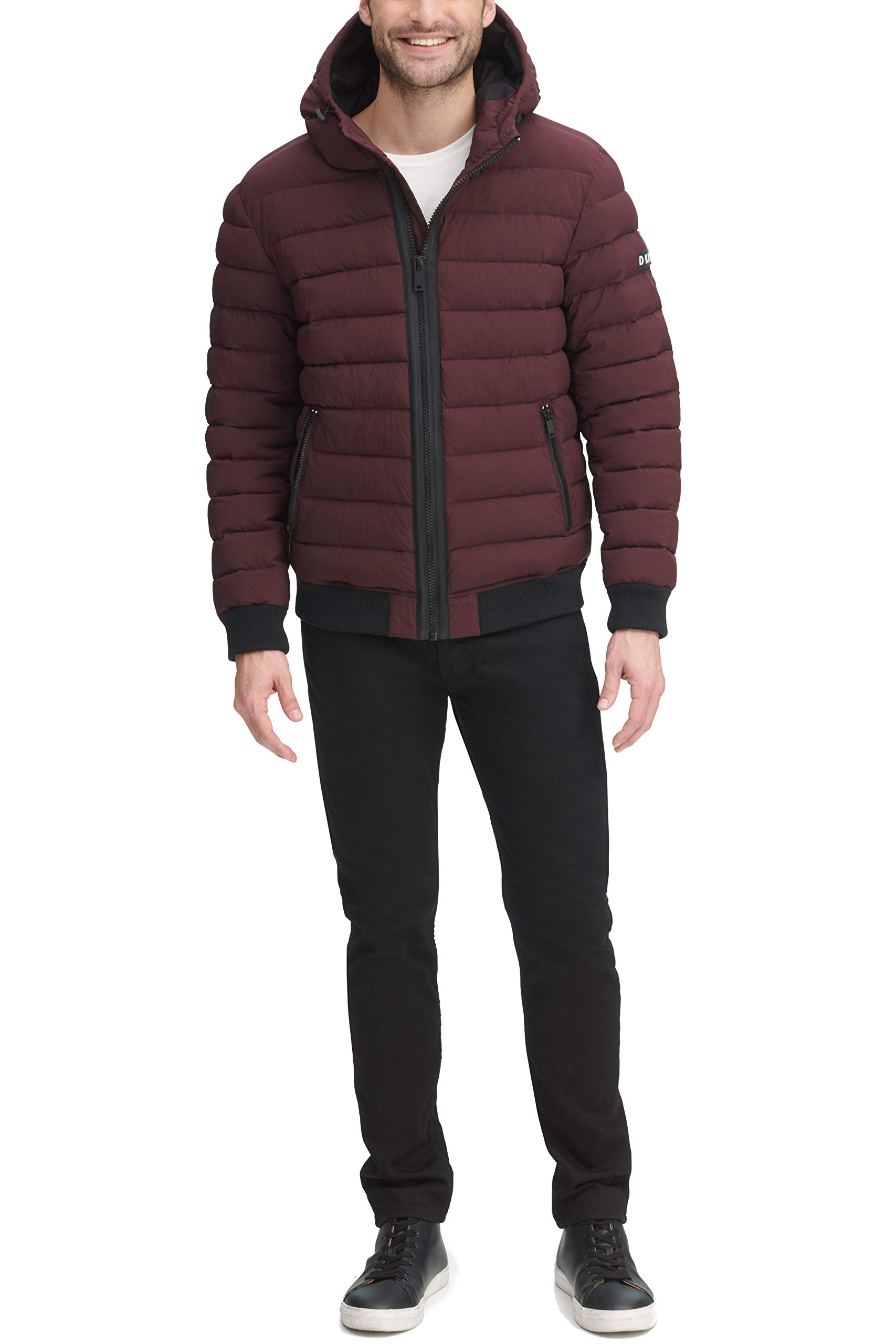 DKNY Men’s Quilted Performance Hooded Bomber Jacket, Oxblood Matte Stretch, X-Large