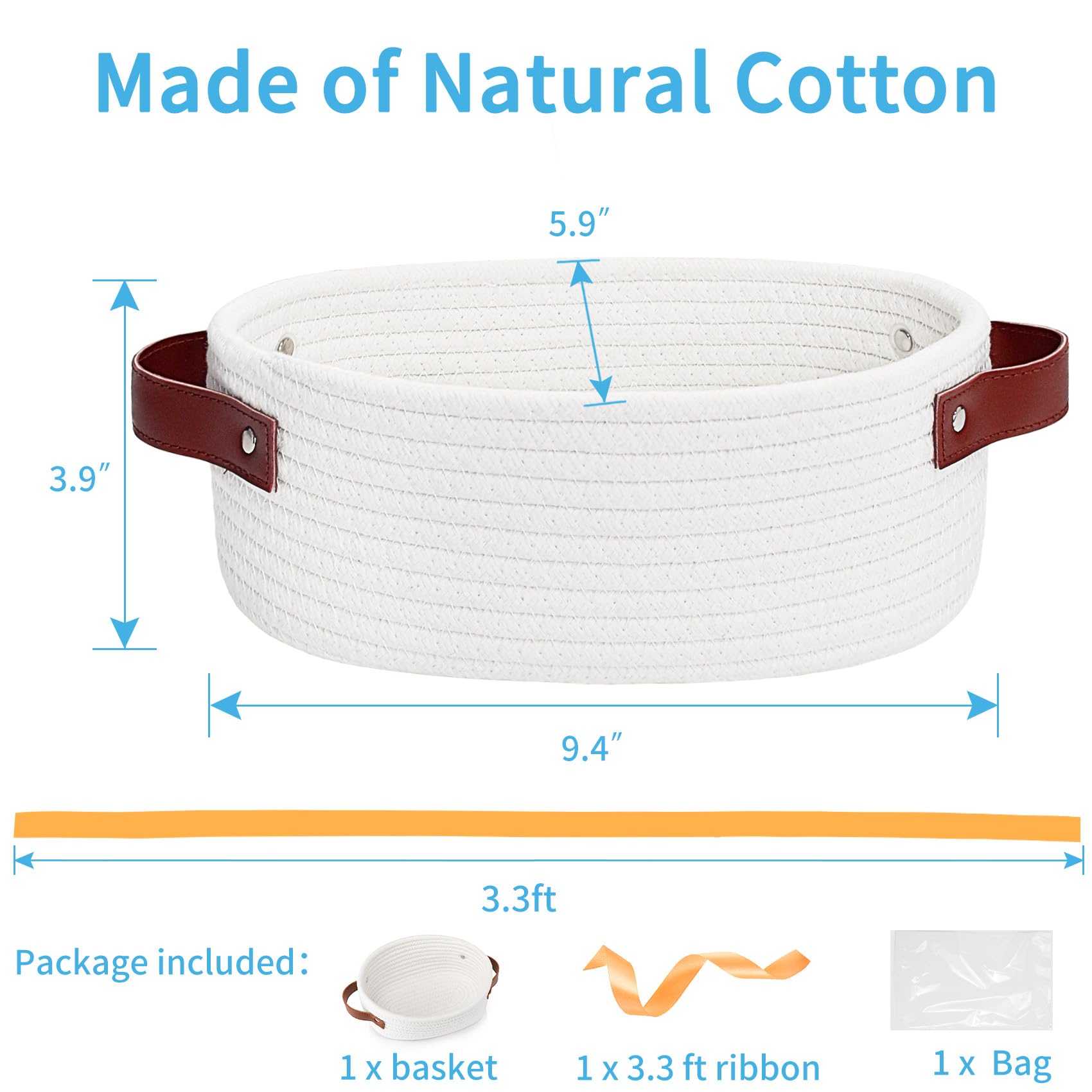 ABenkle Small Woven Basket, Mini Cotton Rope Storage Tiny Shelf Oval Decorative Toy Dog Cat Bin for Nursery, Empty Gift Basket with Gift Bags and Ribbon, Baskets for Mother's Day Gifts - White
