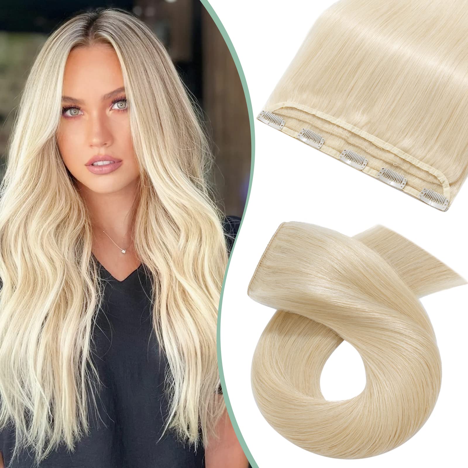 Silk-co One Piece Clip on Hair Extensions Seamless Remy Clip in Hair Extension Blonde Real Human Hair Straight 3/4 Full Head (22inch-55g, #60 Platinum Blonde) — image 1