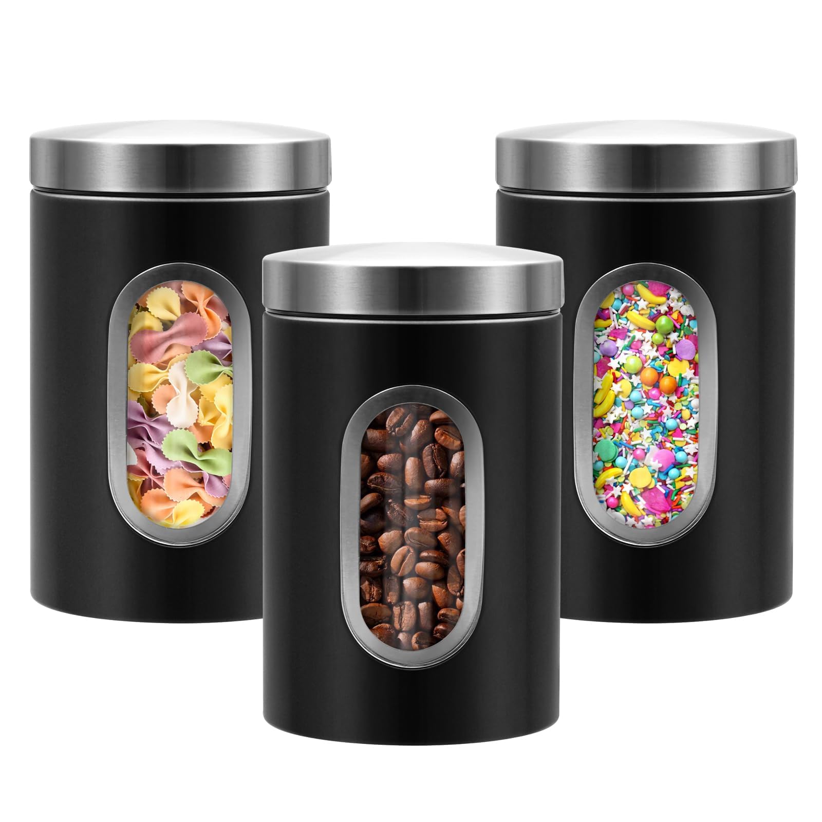 Eidoct Tea Coffee and Sugar Canisters Set, Kitchen Canister Set 3 Piece Stainless Steel Coffee Tea Sugar Clear with Glass Viewing Window & Airtight Lids,Cereal Storage Container for Kitchen