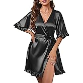 Ekouaer Silk Robes for Women Short Lightweight Bathrobe Ruffled Satin Kimono Robes Sexy Bride Bridesmaid Sleepwear