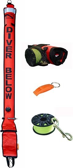 DiveSmart 6ft Scuba Diving Open Bottom Surface Marker Buoy (SMB) with High Visibility Reflective Band, Strobe Light or Flashlight Holder Includes 100ft Finger Spool ABS Dive Reel and Attached Whistle