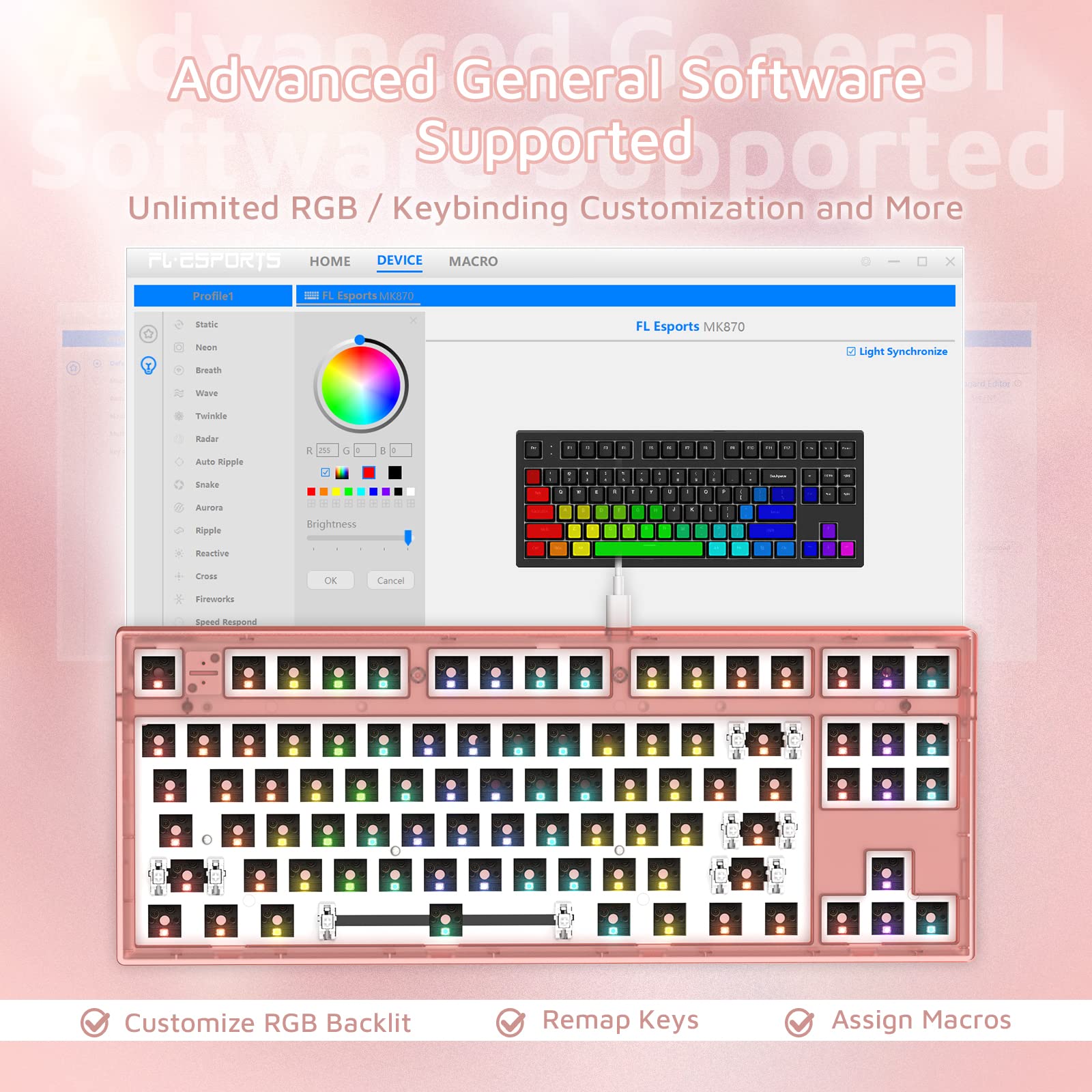 FL ESPORTS MK870 CMMK 87 Keys RGB Modular Mechanical Keyboard, 80% TKL Wired Gaming Keyboard DIY Kit w/Hot-Swap Switch Sockets (5-pin) & Customizable Software Supported (Barebones, Frosted Pink)