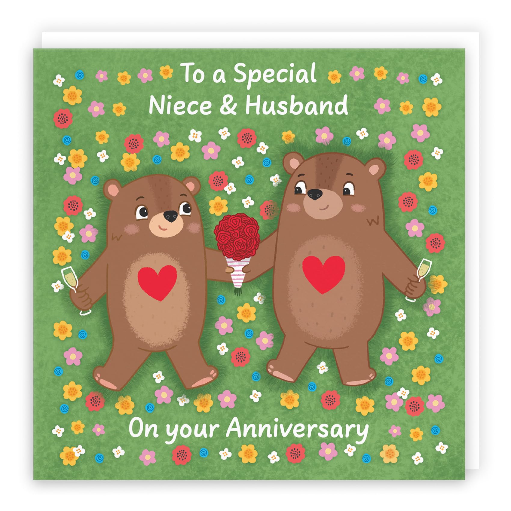 Hunts England - Cute Flowery Bears Niece And Husband Anniversary Card - Fun Bears Anniversary Card - Love Story Collection