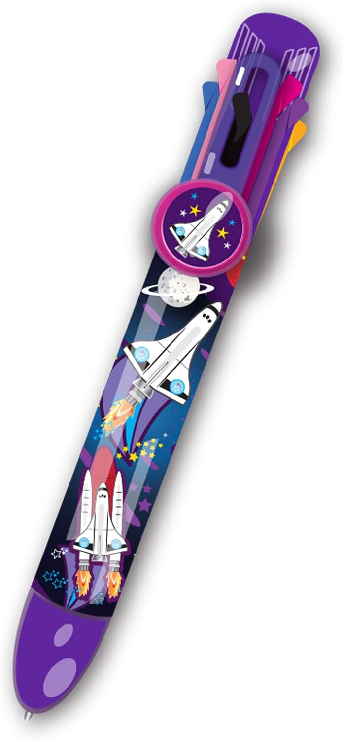 Rainbow Writer, Space Pen by Deluxebase. 8-in-1 Multicolour Retractable Ballpoint Pen with a Purple Glitter Barrel