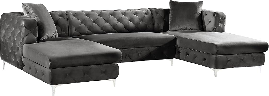 Meridian Furniture Gail Collection 3-Piece Velvet Sectional, Grey