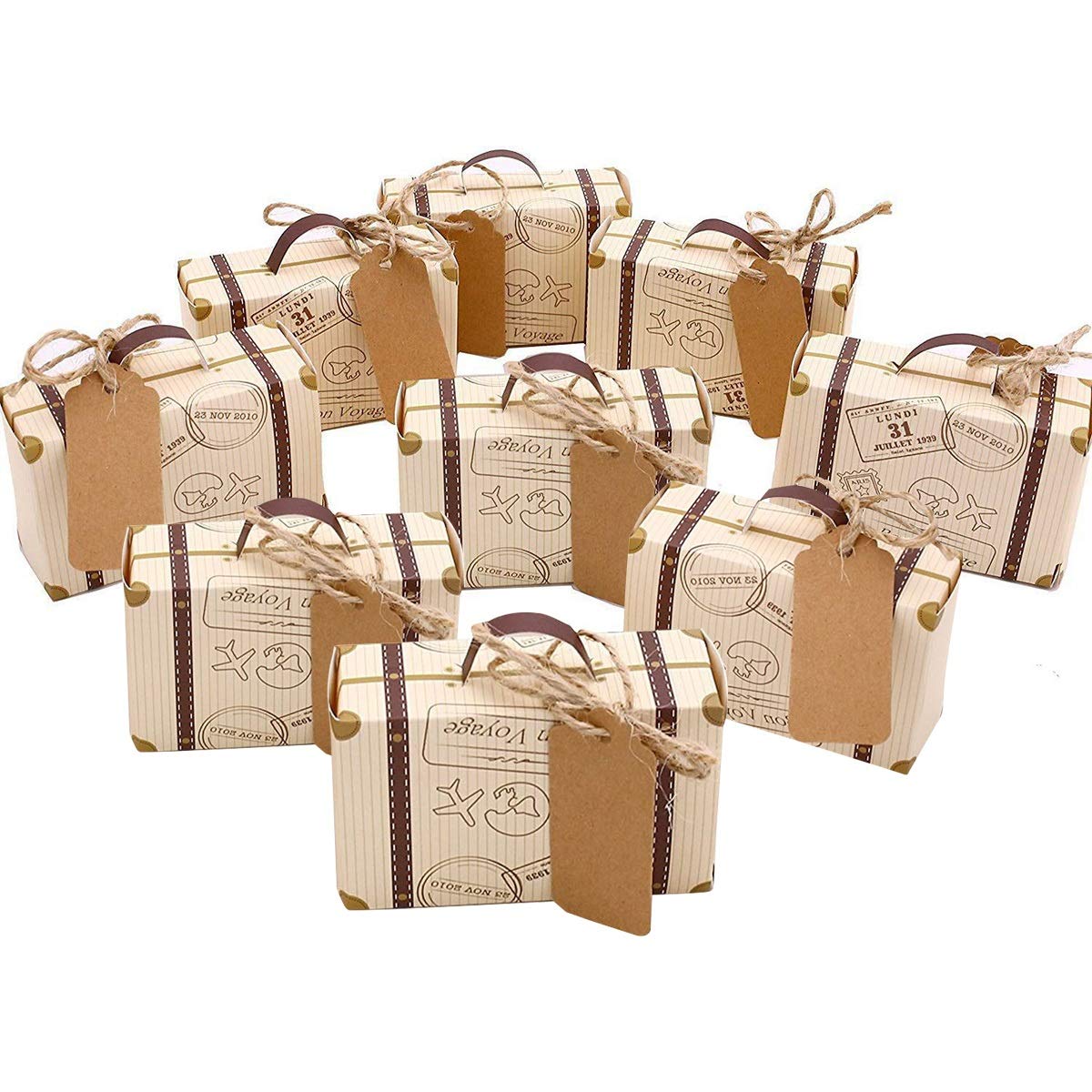 Hodeacc Travel Themed Candy Boxes,100Pcs Mini Suitcase Vintage Kraft Wedding Favours Boxes with Tags and Burlap Twine for Wedding Bridal Shower/Kids Birthday Party Decor