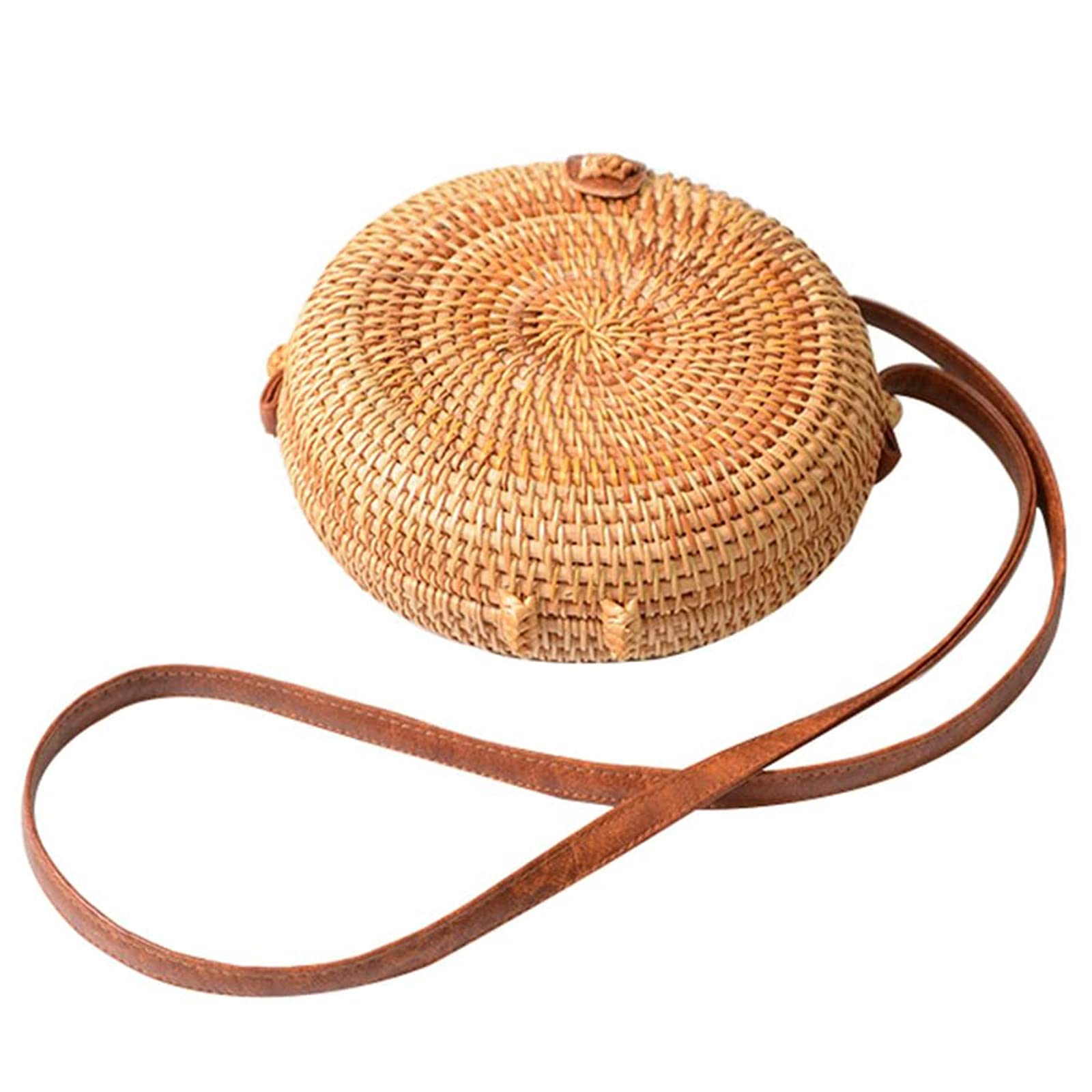 YOUTHUNION Rattan Bag Round Knitted Straw Bag Tropical Beach Style Crossbody Handwoven Tote Basket Bali Leather Strap Bags (Style 6)