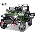 Hikole Kids Ride on Truck, 12V Electric Vehicles Battery Operated Cars for Boys&Girls w/Driving Sounds, Shock Absorption, Off-Road, Safety Belt, Multi-Terrain Traction, Army Green