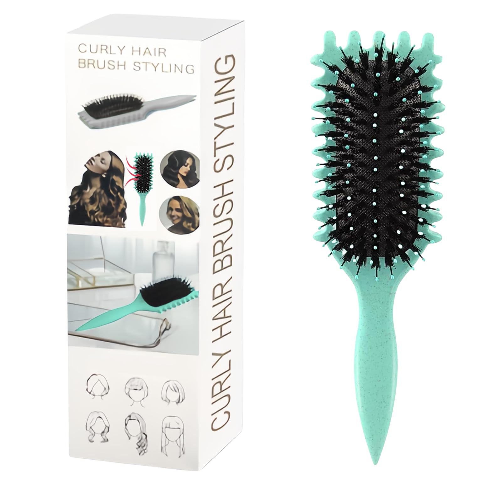 elook Curly Hair Brush, Curl Defining Brush, Boar Bristle Hair Brush, Curl Define Styling Brush for Women Men Combing and Shaping - Green