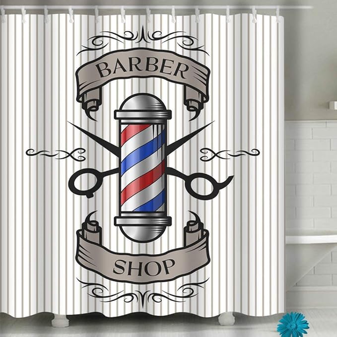 Xunulyn Beach Shower Curtain Barber Shop Emblem Pole Scissors Ribbon Text Old Vintage Style Option Color Modern Fabric Bathroom Decor 60 X 72 Inch Amazon Co Uk Kitchen Home