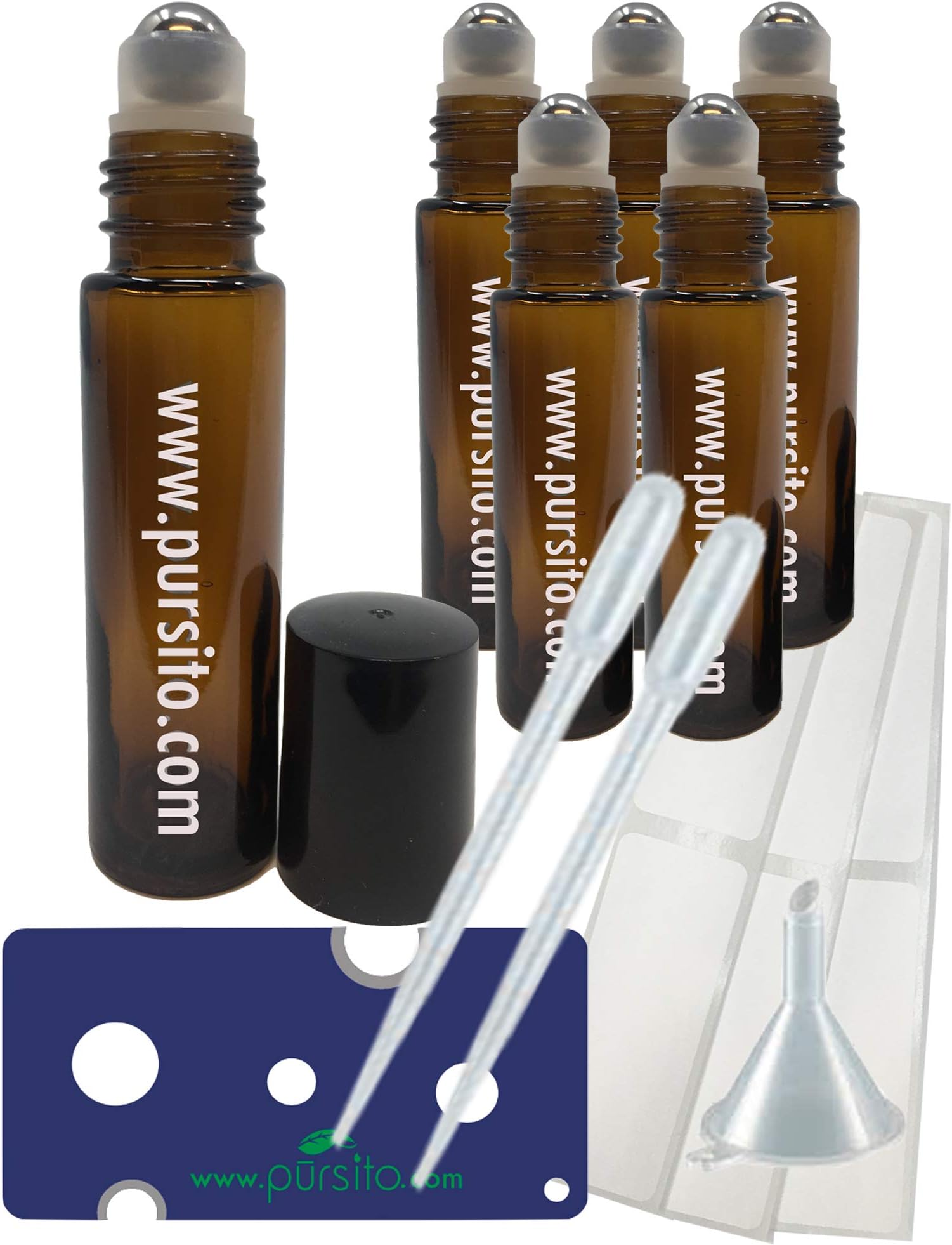 Amber Glass Roller Bottles 10ml (Set of 6) Roll-On for Rolling Essential Oils or Perfume Bottle with Stainless Steel Rollers for Oil, Labels, Pipette and Key opener by Pursito