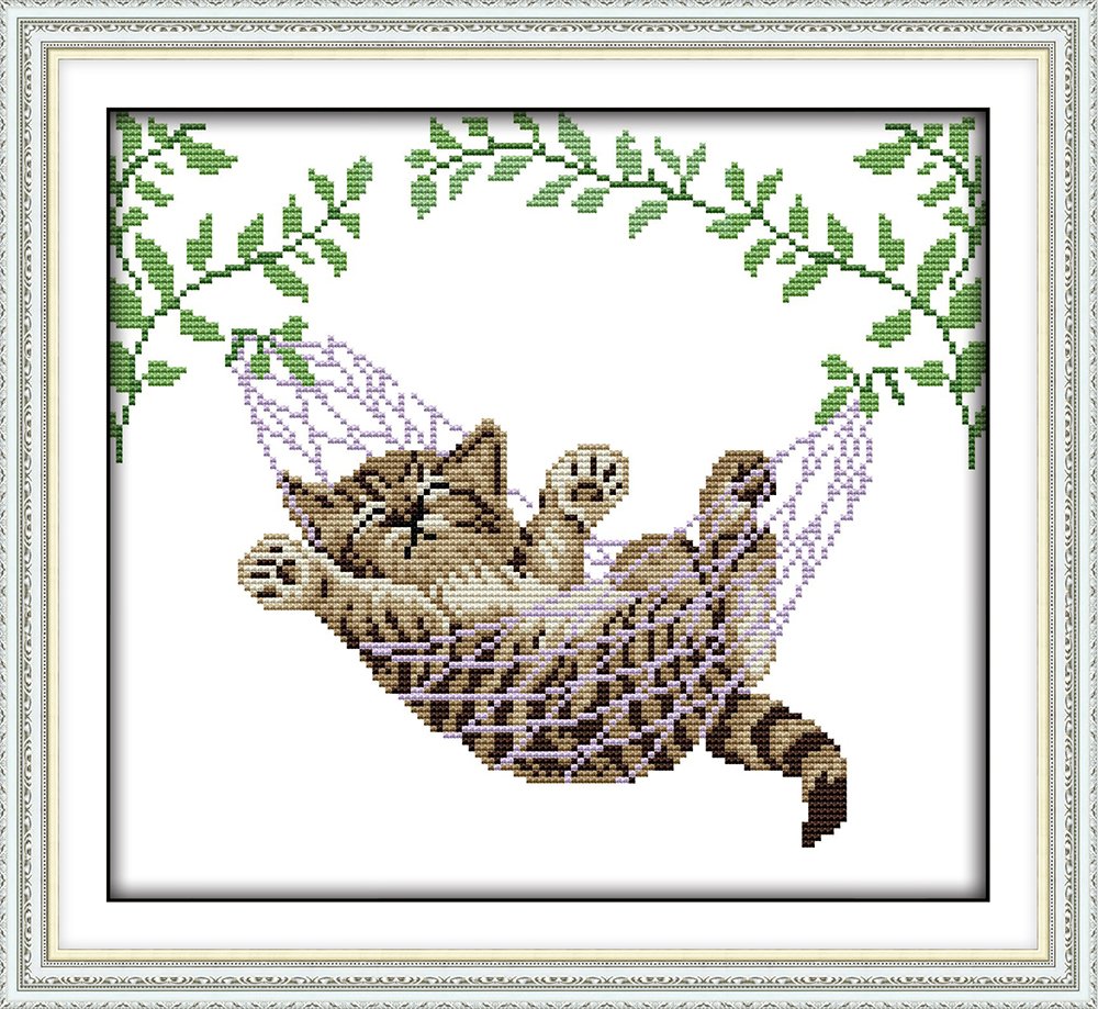 Abillyn Cat on Hanging Basket Stamped Cross Stitch Kit with Printed Pattern (Kitten)