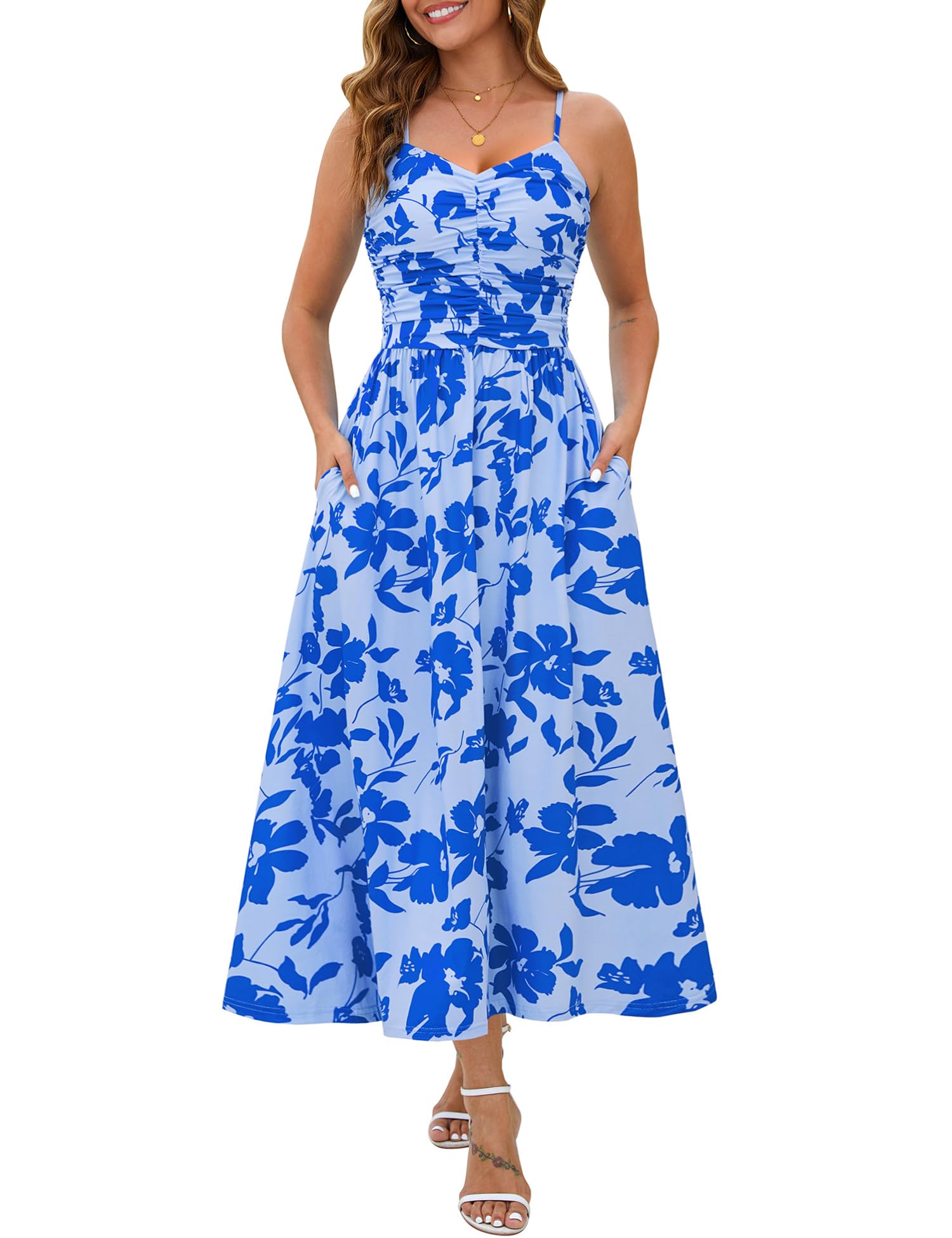 Annebouti Spring Summer Maxi Dress for Women 2026 Casual Trendy Open Back Ruched Airy A-Line Sleeveless Spaghetti Strap Floral Beach Long Sundresses with Pockets Blue Floral S Image