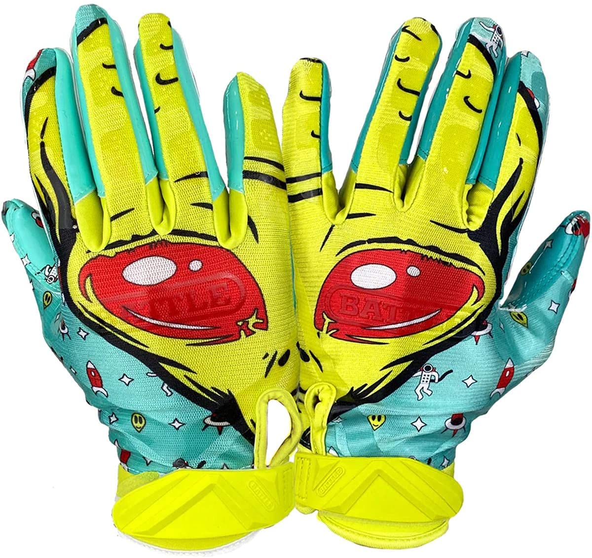 Battle Sports Yellow Alien Cloaked Wide Receiver Football Gloves, Ultra-Tack Sticky & Grip Gloves, No Slip - Adult XX-Large Image