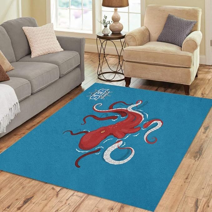 Anna-Shop Alfombra de área Pulpo Rojo Gigante sobre Azul Marino