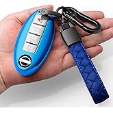 Compatible with Nissan Key Fob Cover with Leather Keychain Soft TPU 360 Degree Protection Key Case for Altima Maxima Rogue Armada Pathfinder Smart Key 3 4 5-Button,Blue