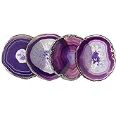 Natural Agate Coasters Set of 4, Dyed Purple 4-5" Geode Slices, Wide Crystal Stone Drink Coasters with Rubber Bumpers for Cups, Mugs & Wine Glasses, Unique Home Decor