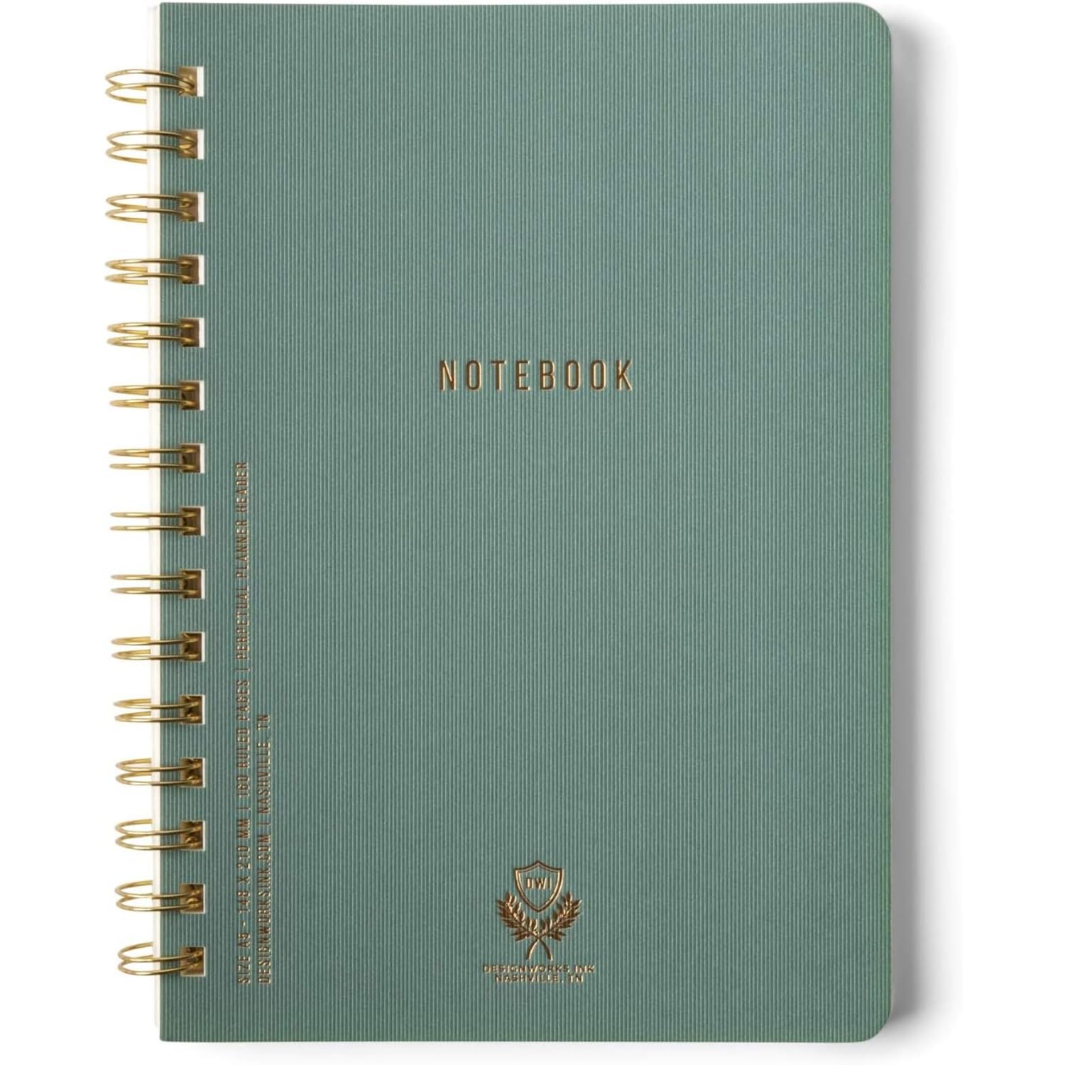 DesignWorks Ink A5 6" x 8.25" Juniper Green Textured Paper Notebook Journal with Gold Accents, Lined Pages, and Durable Spiral Binding for Work, Writing, Journaling