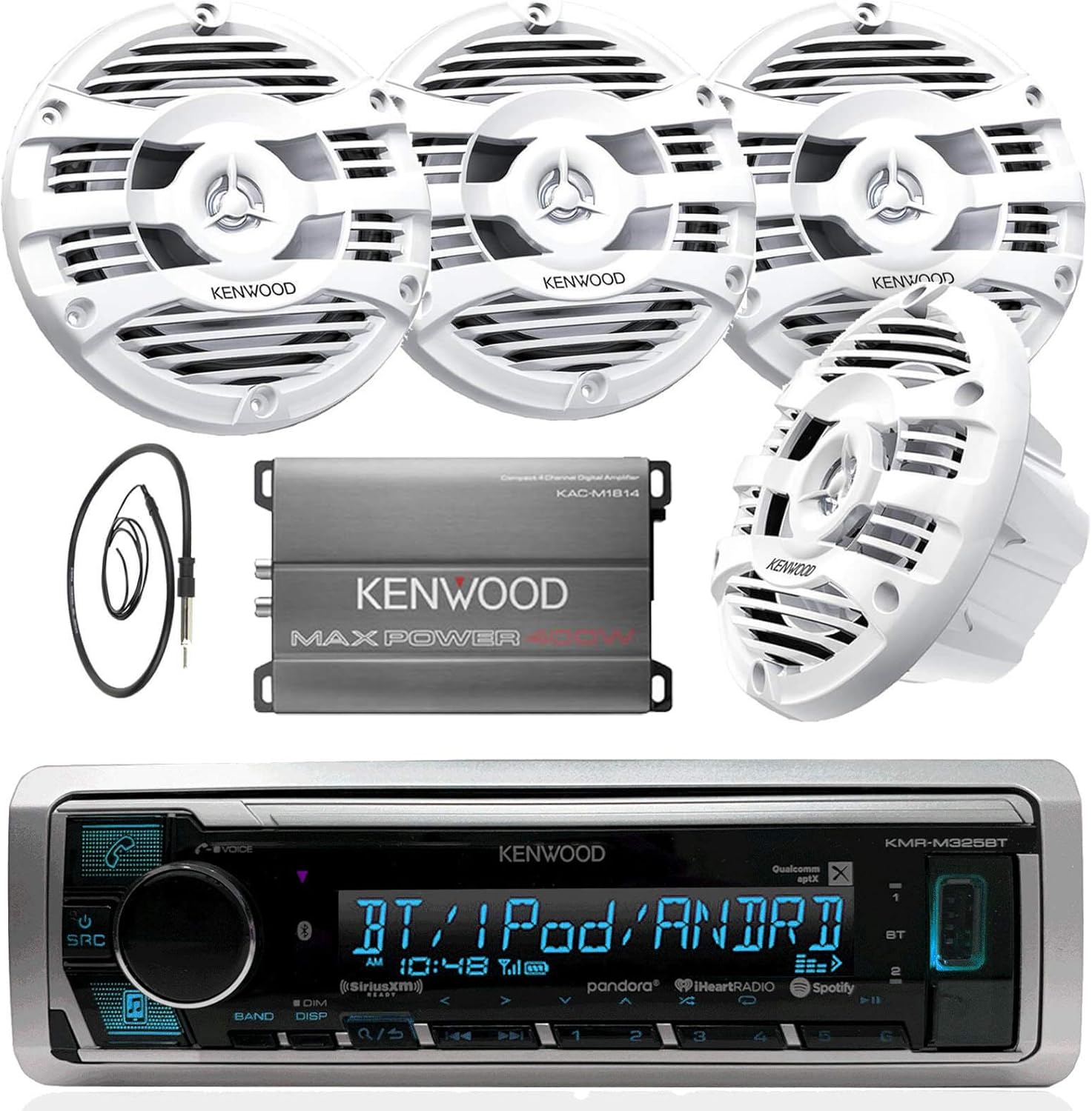 New Kenwood Marine Boat Yacht Bluetooth Digital USB AUX iPod iPhone AM/FM Radio Stereo Player With 4 X 6.5" Inch Kenwood Marine Audio Speakers Kenwood KAC-M2504 Compact 4-channel Marine Amplifier And Enrock Marine 45" Antenna - Complete Marine Outdoor Aud