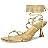 ISNOM Strappy Sandals for Women Kitten Heels Lace Up Heels Stiletto Heels Wrap Around Heels with Square Toe