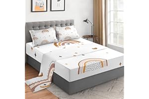 WeCozy Twin Size 3 Pcs Bed Fitted Sheet Set with 14" Deep Pocket, Cute Boho Rainbow Flat Sheet Set for Kids and Adults, Summer Bohemian Nursery Bedding with Pillowcase for Bedroom Decor