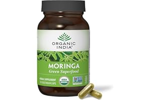 ORGANIC INDIA Moringa Herbal Supplement - Green Superfood, Nutrient Dense, Pure Plant Protein, Vitamin A, E, K, Iron, Calcium, Fiber, Vegan, Gluten-Free, USDA Certified Organic - 90 Capsules