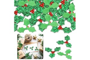 NT-LING Christmas Holly and Berry Christmas Embellishments, 100 PCS Mini Craft Berry Greens Leaf Sequins, for Christmas Wreath Arrangement DIY Craft for Christmas Ornament for Christmas Card Gift Tags