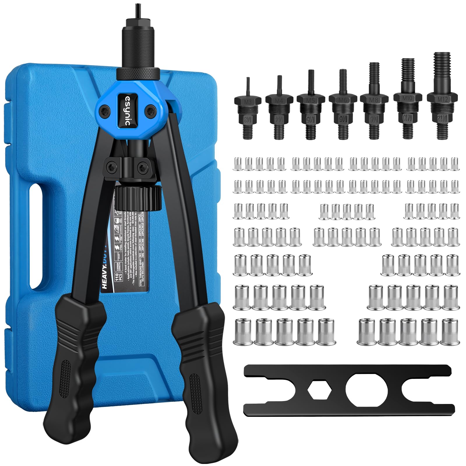 eSynic 13 Inch Rivnut Tool Kit Rivet Nut Gun Set Pop Rivet Nut Tool Set Hand Riveter Nut Gun with Rivet Nut Mandrels&110Pcs RIV Nuts Include M3 M4 M5 M6 M8 M10 M12 and Carrying Case Perfect for Work