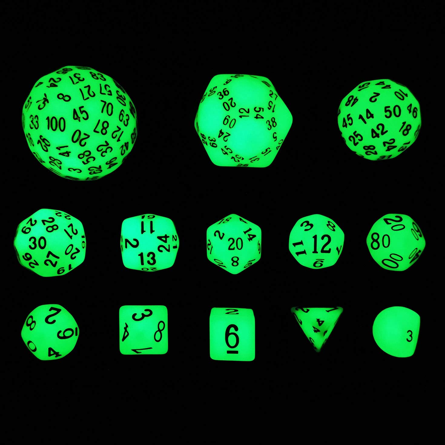Bescon Super Glowing in Dark Complete Polyhedral RPG Dice Set 13pcs D3-D100 — image 1