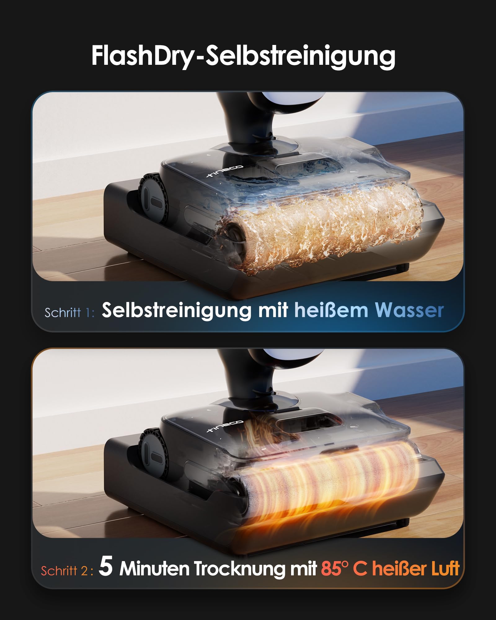 Tineco Floor One S9 Artist Stilvoller Nass Trockensauger, 22kPa Nasssauger, 360° SmoothDrive, Anti-Tangle, 85°C Flashdry-Selbstreinige, 50min Laufzeit, Beidseitige Reinigung, 180° Lay-Flat Staubsauger 6