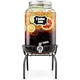 2 Gallon Beverage Dispenser with Stand and Lid, 18/8 Stainless Steel Spigot - Mason Jar Drink Dispensers with Lids, Glass Drink Dispensers for Parties