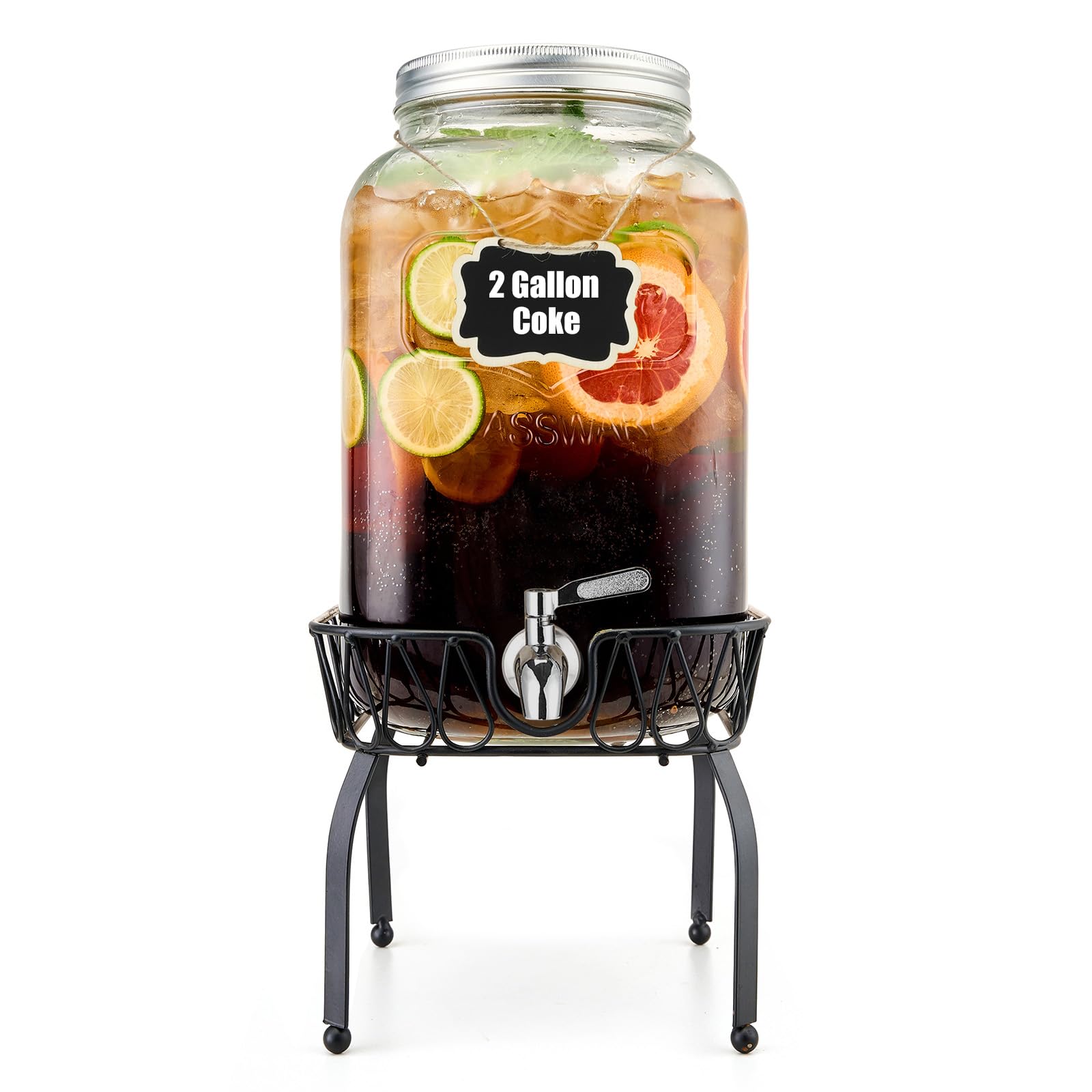 Photo 1 of 2 Gallon Beverage Dispenser with Stand and Lid, 18/8 Stainless Steel Spigot - Mason Jar Drink Dispensers with Lids, Glass Drink Dispensers for Parties
