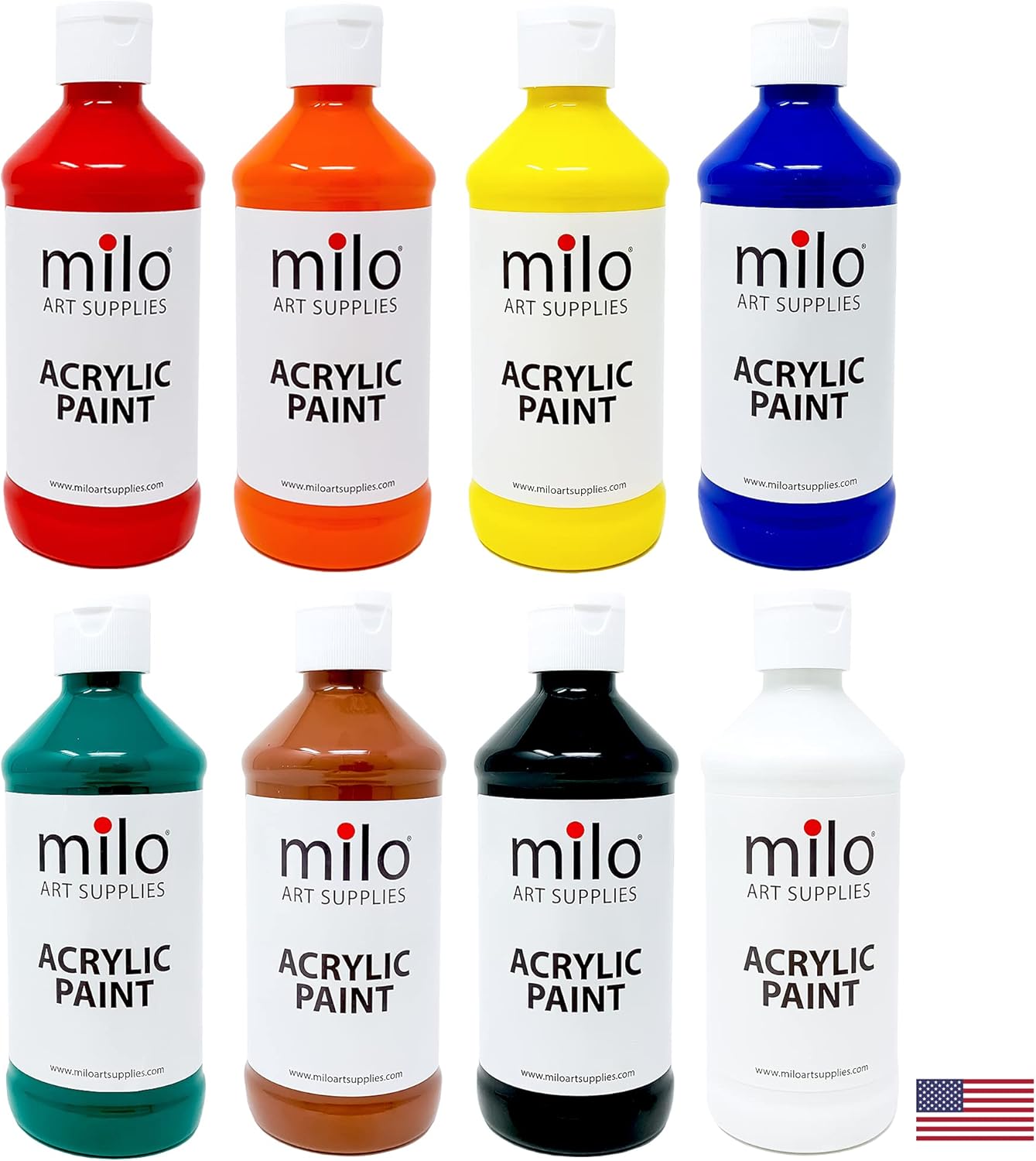 milo Acrylic Paint Set of 8 Colors | 8 oz Bottles | Student Primary Colors Acrylics Painting Pack | Made in the USA | Non-Toxic Art & Craft Paints for Artists, Kids, & Hobby Painters: Home Improvement