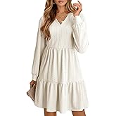 Dokotoo Fall Dresses for Women 2025 Long Sleeve V Neck Textured Casual Lightweight Tiered Ruffle A-Line Mini Babydoll Dress