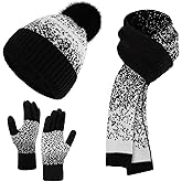 KDVOG Women Beanie Hat Scarf Gloves Set, Warm Fleece Lined Winter Cap with Pom Pom, Long Knit Scarf Touchscreen Gloves