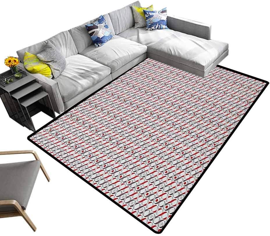 Abstract Large Area Rugs Tangled Wavy Ogee Lines Vertical DNA Like Borders with Round Spots Yoga Mat Rug Dimgrey Pale Grey Red (5'7"x6'6")