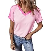 HERILIOS Women Summer Color Block Short Sleeve T Shirts Casual V Neck Ribbed Knit Tee Tops