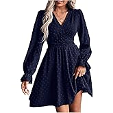 OYOANGLE Women's Spring Fall Swiss Dots Long Sleeve V Neck Ruffle Short Dress Cinched Waist Fit and Flare Dresses