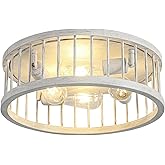 Farmhouse Flush Mount Ceiling Light, 17 Inch 4-Light Wood Close to Ceiling Fixture, White Rustic Drum Semi Light for Kitchen 