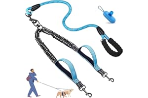 BLANLODY Double Dog Leash for 2 Dogs，Tangle-Free 360° Swivel & Shock-Absorbing Bungee for Medium and Large Dogs，Double Dog Leash with Padded Handles(25-150 lbs, Blue)