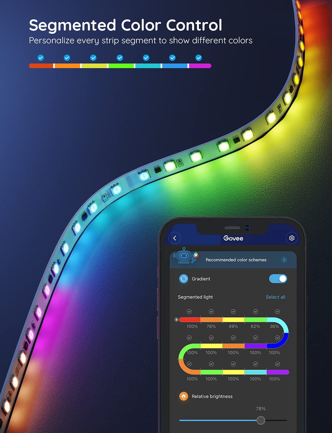 Govee 65.6ft RGBIC LED Strip Lights, Color Changing LED Strips, App Control via Bluetooth, Smart Segmented Control, Multiple Scenes, Enhanced Music Sync LED Lights for Room, Christmas (2 X 32.8ft)