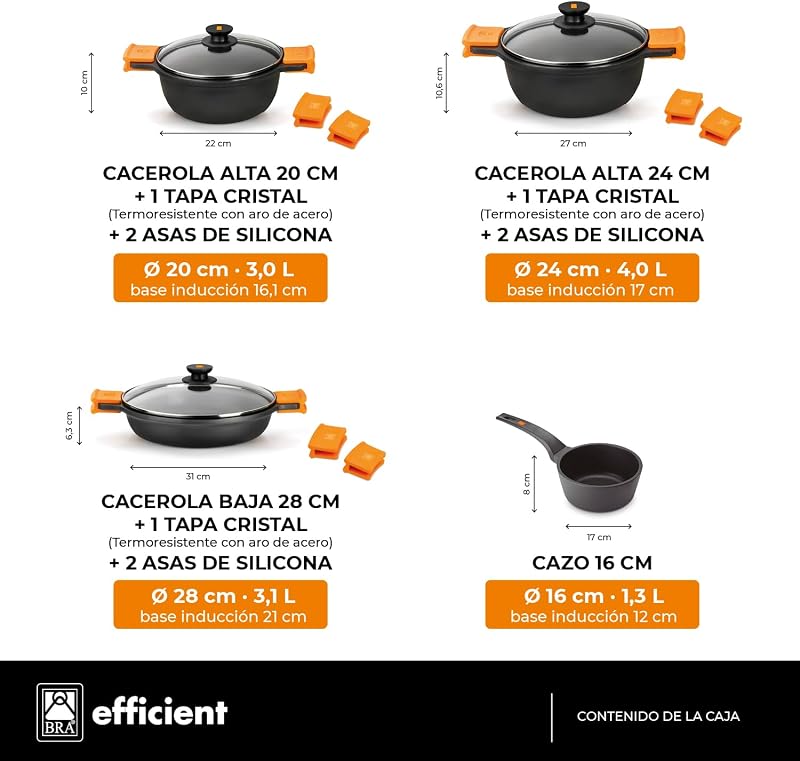 Bra efficient - bateria de alumínio fundido antiaderente de 4 peças, adequada para todos os tipos de fogões, incluindo indução, cor preta [exclusivo da amazon]